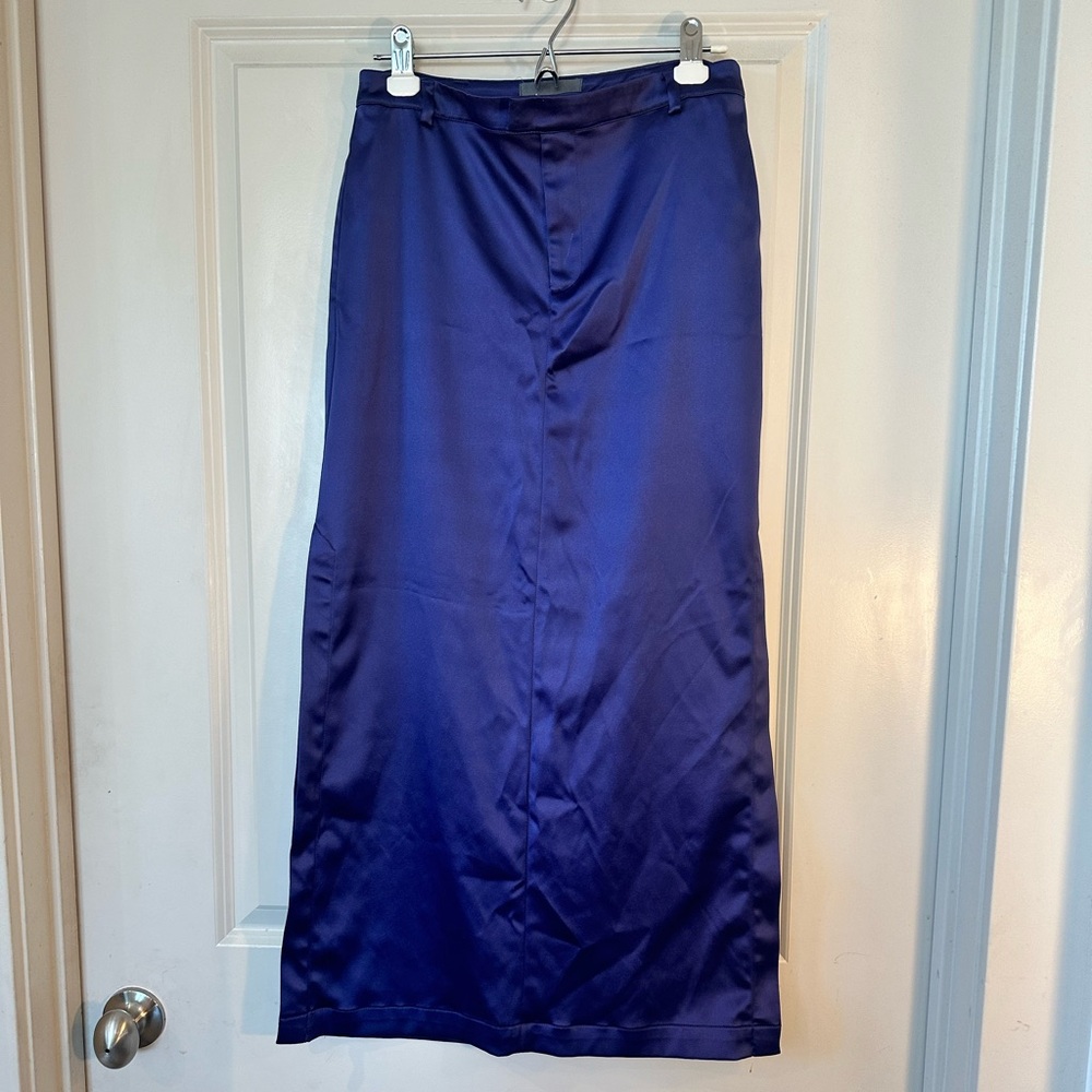 By Anthropologie Satin Royal Purple High Waisted Double Side Slits Maxi Skirt, 4